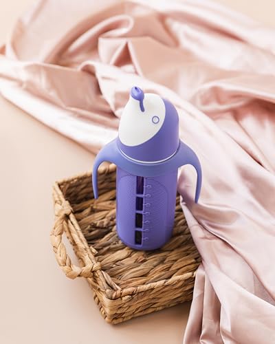 Tabor Place Glass Sippy Cup for Toddlers - The Luca | Spill-proof | Silicone Straw | Indigo Purple | 8 oz | Liquids Never Touch Plastic | Removable Handles
