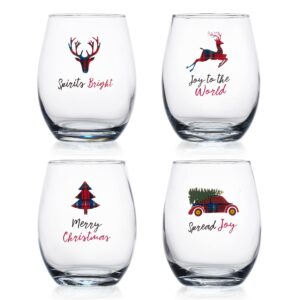 elegant home set of four (4) 17oz holiday festive christmas stemless clear red or white wine glass with christmas tree, car & reindeer design design