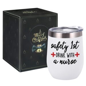 Nurse Ideas for Women, Safety 1st Drink with a Nurse Wine Tumbler, Idea for Women Frineds Girlfriend Nurse New Nurse Doctor Nurse's Day Nurse Graduation, 12 Oz Stainless Steel Insulated Wine Tumbler