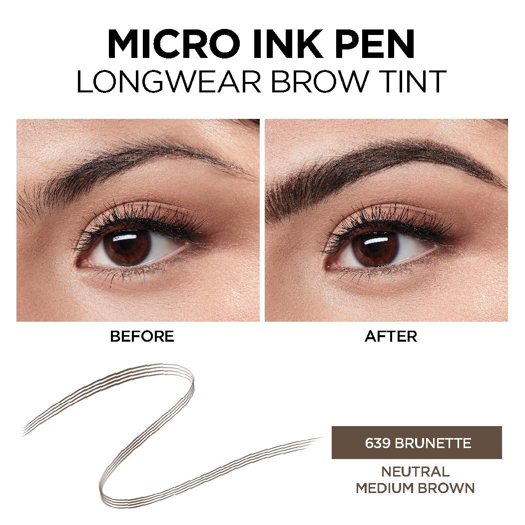 L'Oreal Paris Micro Ink Pen by Brow Stylist, Longwear Brow Tint, Hair-Like Effect, Up to 48HR Wear, Precision Comb Tip, Brunette, 0.033 fl; oz.