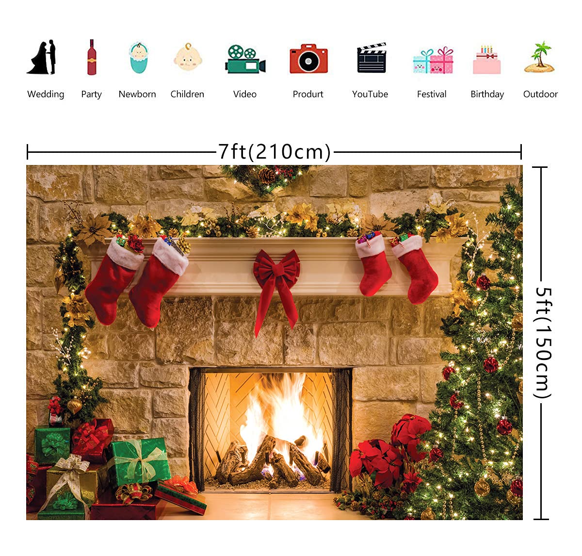 WOLADA 7x5FT Christmas Fireplace Photo Backdrop - Holiday Wall Decor and Background for Photography