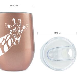 PDTXCLS Giraffe Gifts, 12oz Rose Gold Wine/Coffee Steel Tumbler/Mug with Premium Sliding Lid, Perfect Items for Women, Things for Animal Lover Glass Decor (Rose Gold)