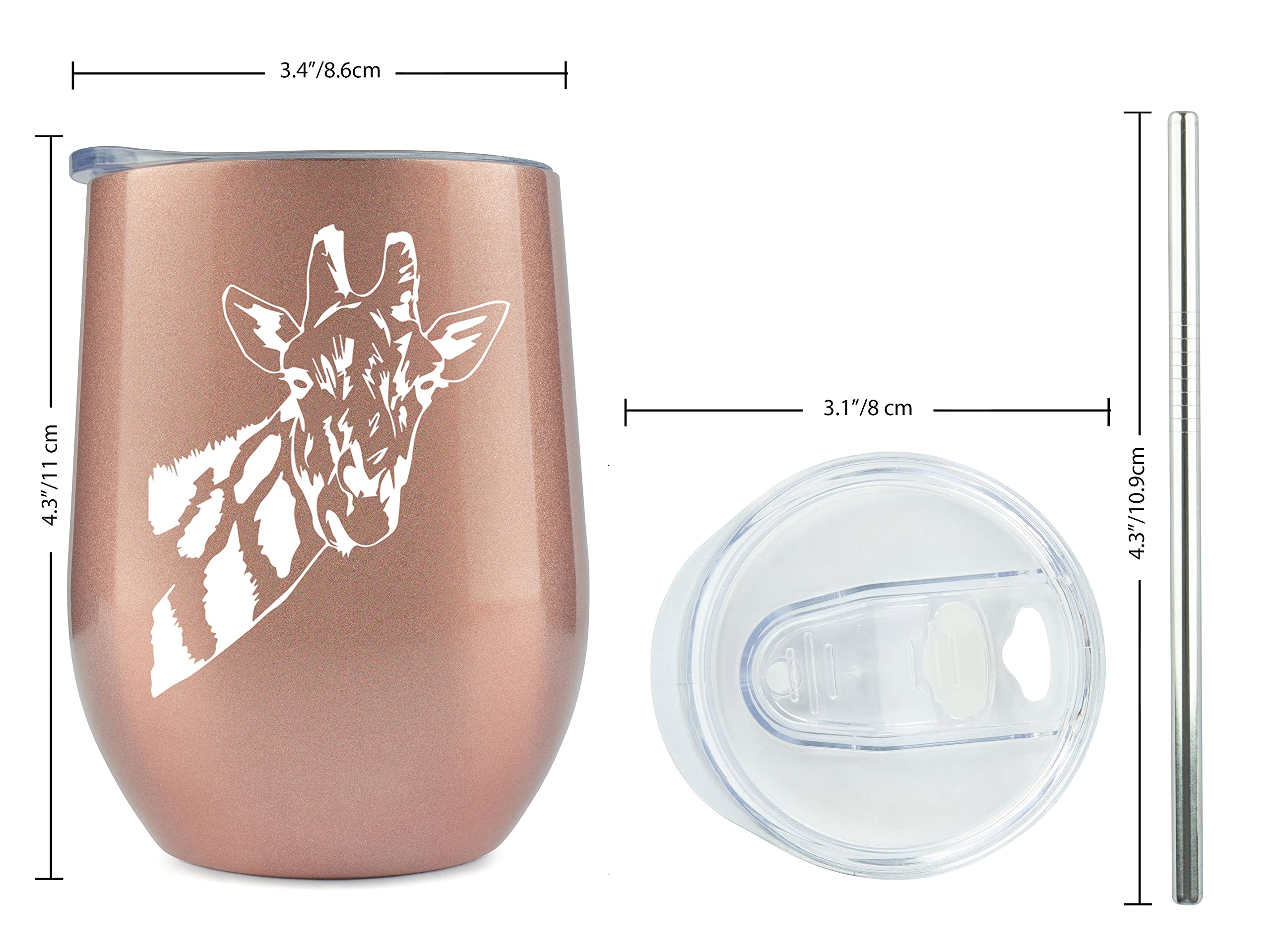 PDTXCLS Giraffe Gifts, 12oz Rose Gold Wine/Coffee Steel Tumbler/Mug with Premium Sliding Lid, Perfect Items for Women, Things for Animal Lover Glass Decor (Rose Gold)