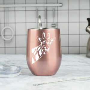 PDTXCLS Giraffe Gifts, 12oz Rose Gold Wine/Coffee Steel Tumbler/Mug with Premium Sliding Lid, Perfect Items for Women, Things for Animal Lover Glass Decor (Rose Gold)