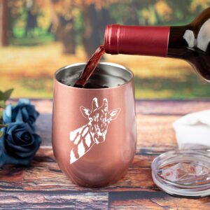 PDTXCLS Giraffe Gifts, 12oz Rose Gold Wine/Coffee Steel Tumbler/Mug with Premium Sliding Lid, Perfect Items for Women, Things for Animal Lover Glass Decor (Rose Gold)