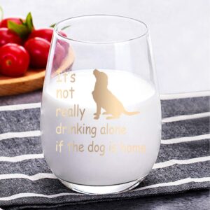 Dog Lover Gifts for Women Stemless Wine Glass, It's Not Really Drinking Alone if the Dog is Home Wine Glass Funny Birthday Gift for Dog Mom Dog Owner Friends Mother Daughter, 15 Oz