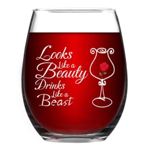looks like a beauty drinks like a beast stemless wine glass, funny wine glass for birthday graduation galentine's day christmas, wine glass for women girls sister her 15 oz