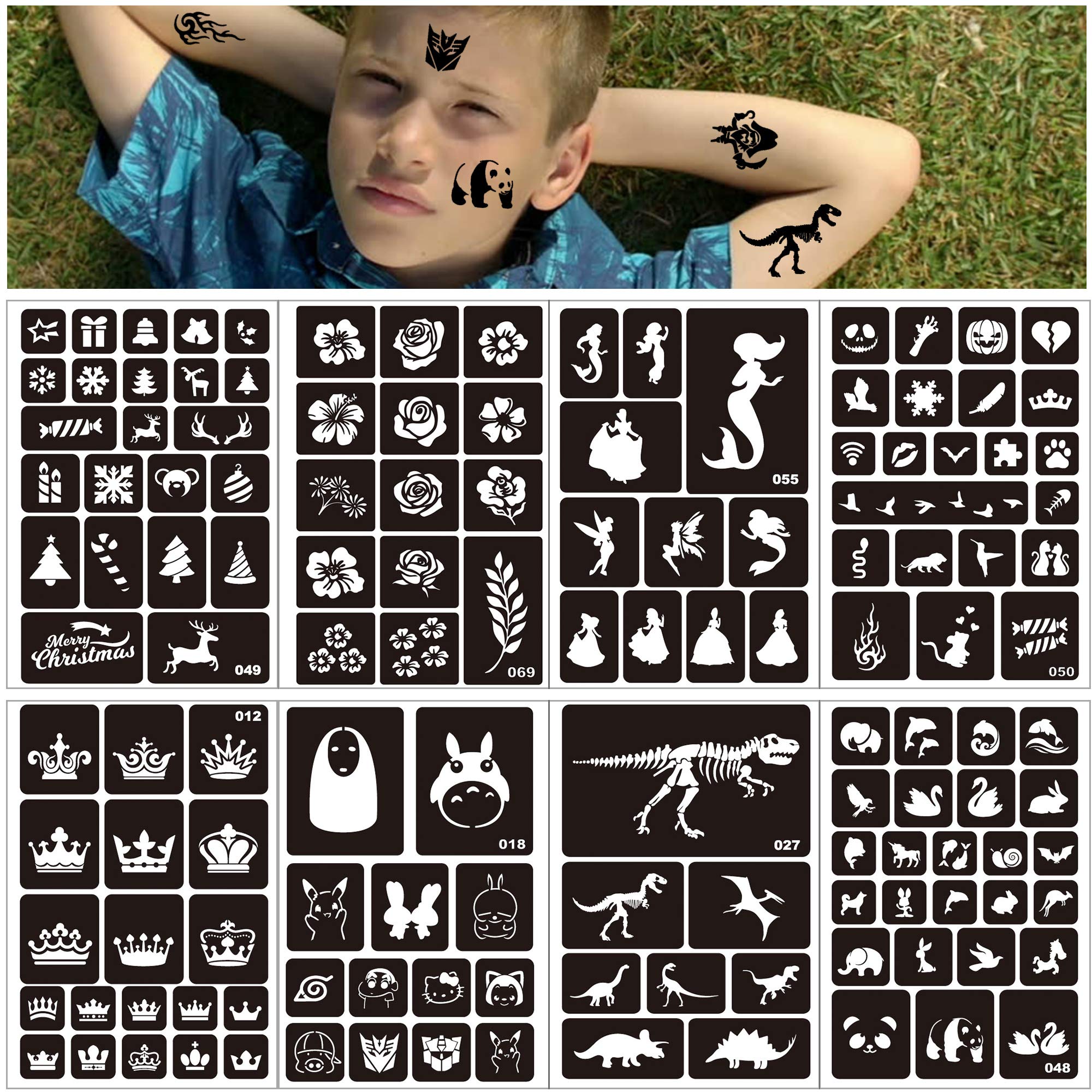 Konsait 262pcs Temporary Tattoos Stencils for Kids, Reusable Face and Body Paint Stencils Kit, Girl Boy Glitter Tattoos Stencils for Kids School Show Birthdays Halloween Christmas Party Favor Supplies