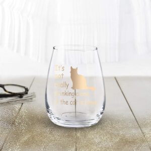 GINGPROUS It's Not Really Drinking Alone if the Cat is Home Stemless Wine Glass, Funny Cat Lover Wine Glass for Women Cat Lady Friends Sisters Mom Grandma, Wine Glass for Birthday Christmas, 15 Oz