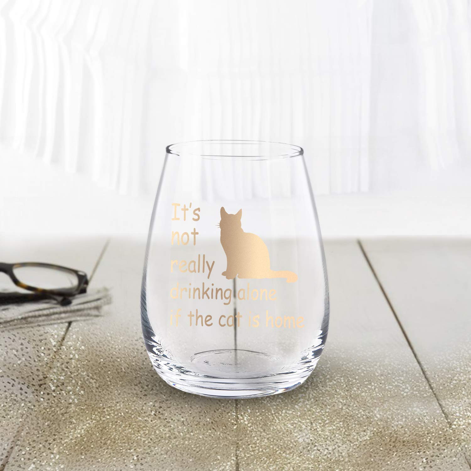 GINGPROUS It's Not Really Drinking Alone if the Cat is Home Stemless Wine Glass, Funny Cat Lover Wine Glass for Women Cat Lady Friends Sisters Mom Grandma, Wine Glass for Birthday Christmas, 15 Oz