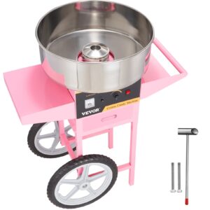 vbenlem commercial cotton candy machine with cart (new version), electric floss maker with stainless steel bowl, sugar scoop and drawer, for family and various party, bright pink