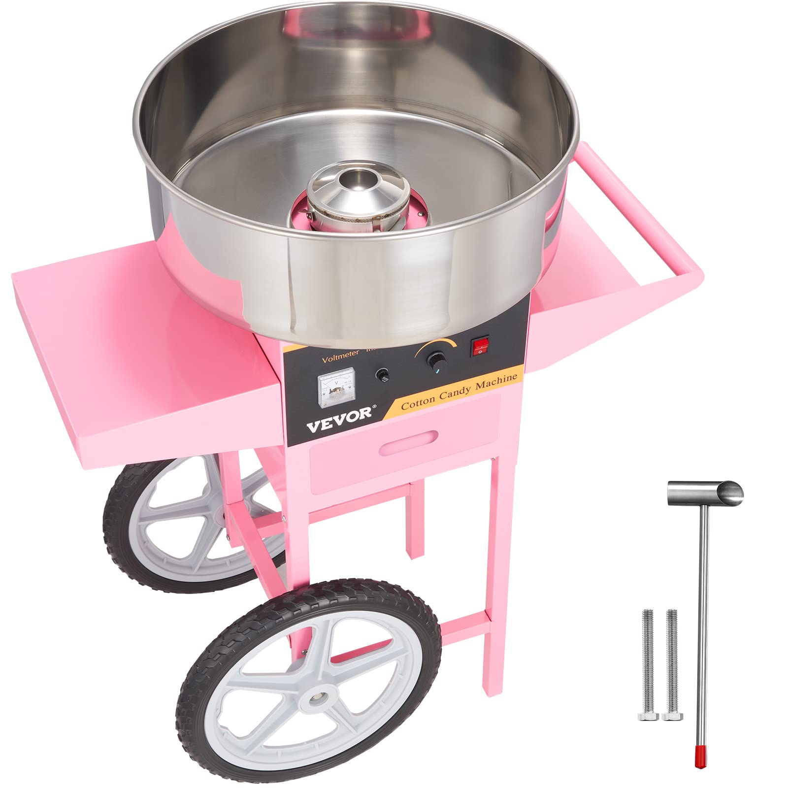 VBENLEM Commercial Cotton Candy Machine with Cart (New Version), Electric Floss Maker with Stainless Steel Bowl, Sugar Scoop and Drawer, for Family and Various Party, Bright Pink