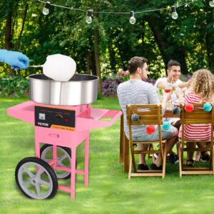 VBENLEM Commercial Cotton Candy Machine with Cart (New Version), Electric Floss Maker with Stainless Steel Bowl, Sugar Scoop and Drawer, for Family and Various Party, Bright Pink