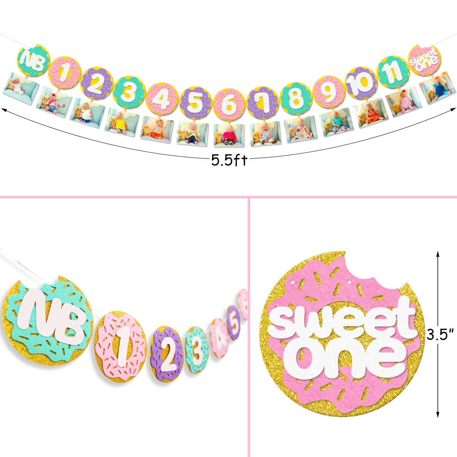 Levfla Donut Baby First Birthday Photo Banner Glitter Sweet One Doughnut Sprinkles Kids Monthly Milestone Photo Props Cake Smash Ideas Party Decoration Supplies