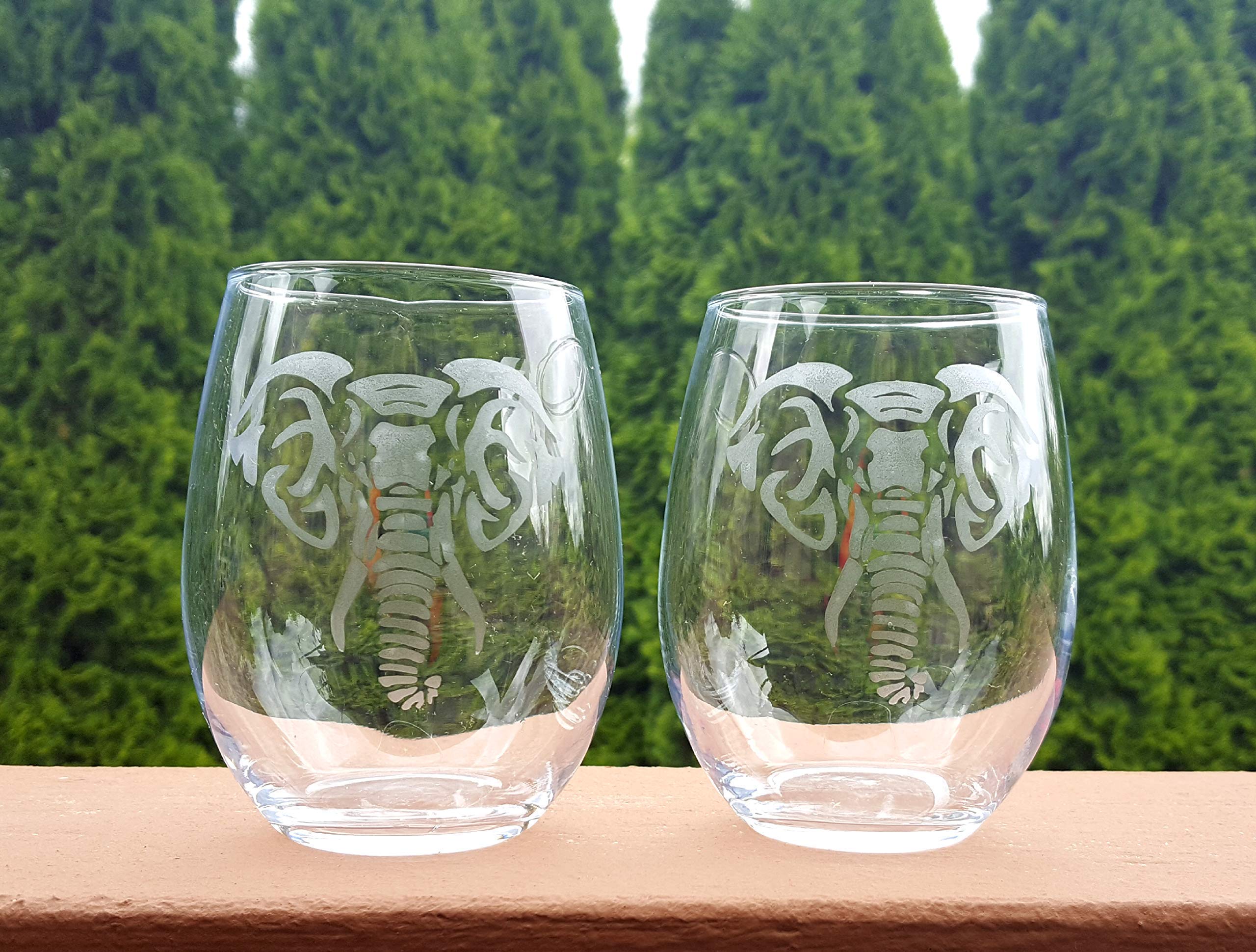 Etched elephant wine glass set, etched wine glass, elephant glass, wine gift, wine glass set of 2, etched elephant, elephant wine glass, stemless wine glass, 15 oz. wine glass