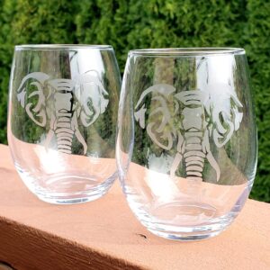 Etched elephant wine glass set, etched wine glass, elephant glass, wine gift, wine glass set of 2, etched elephant, elephant wine glass, stemless wine glass, 15 oz. wine glass