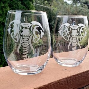 Etched elephant wine glass set, etched wine glass, elephant glass, wine gift, wine glass set of 2, etched elephant, elephant wine glass, stemless wine glass, 15 oz. wine glass