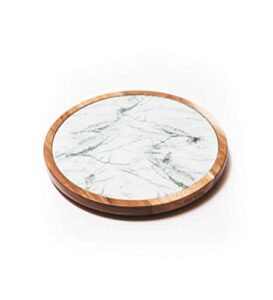 12" acacia wood lazy susan turntable for table top with removable marble texture glass plate for dining table turntable wooden lazy susan for countertop