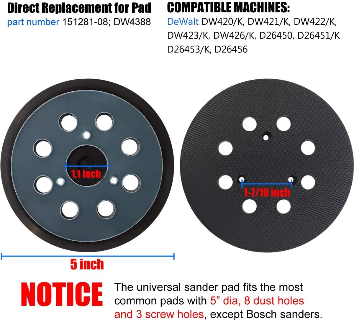 5 Inch 8-Hole Hook and Loop Sander Pads Replacement Sanding Pads for DeWalt DW420, DW421, Dw423, DW426, D26451, D26453 Orbital Sander…