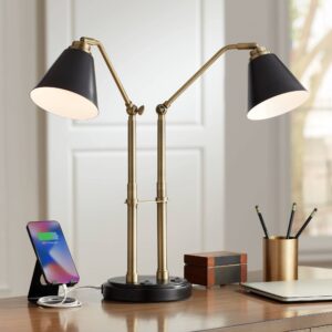 possini euro design sentry mid century modern desk lamp 23" high with usb charging port black brass gold metal led adjustable cone shade for living room bedroom house bedside nightstand office