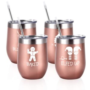 gingprous christmas funny wine tumbler set, 12 oz stainless steel wine tumbler for women friends men, gift idea for christmas xmas wedding party, set of 4, rose gold