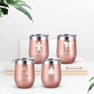 GINGPROUS Christmas Funny Wine Tumbler Set, 12 Oz Stainless Steel Wine Tumbler for Women Friends Men, Gift Idea for Christmas Xmas Wedding Party, Set of 4, Rose Gold