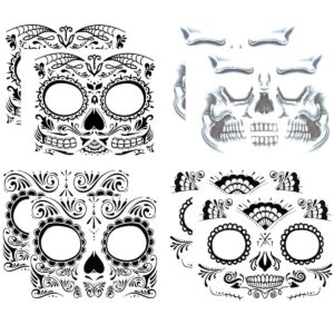 cokohappy day of the dead, skeleton face tattoo sticker, 8 sheets sugar skull, red roses temporary face tattoo halloween makeup kit for men