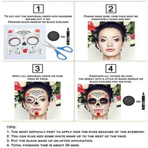 COKOHAPPY Day of the Dead, Skeleton Face Tattoo Sticker, 8 Sheets Sugar Skull, Red Roses Temporary Face Tattoo Halloween Makeup Kit for Men