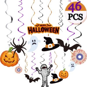 Funnlot Halloween Office Decorations Halloween Hanging Decorations Indoor 46PCS Halloween Hanging Swirl Decorations Include Pumpkin Bat Ghost Spider Mummy Eyeball Witch Hat Happy Halloween