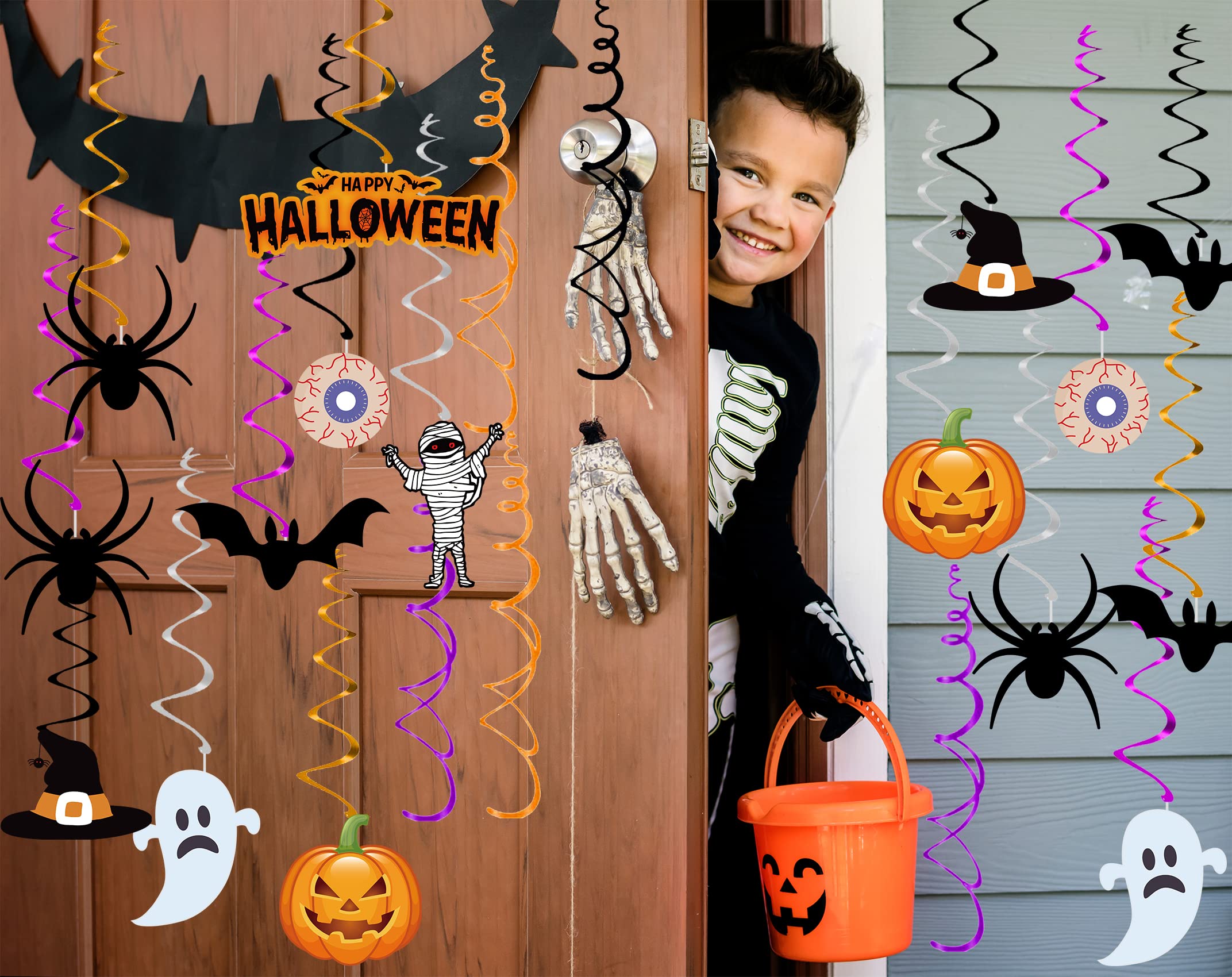 Funnlot Halloween Office Decorations Halloween Hanging Decorations Indoor 46PCS Halloween Hanging Swirl Decorations Include Pumpkin Bat Ghost Spider Mummy Eyeball Witch Hat Happy Halloween