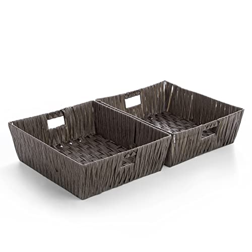 BINO 2 Pack Woven Resin Basket Organizer - Shelf Organizer with Built-in Carry Handles, Large - Dark Grey