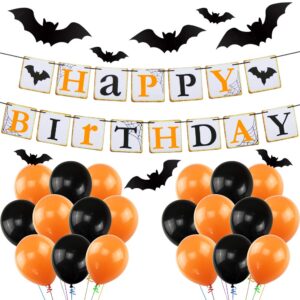 halloween birthday party decorations, orange black latex balloons happy birthday banner 32pcs black vampire bats for kids halloween theme birthday party supplies kit