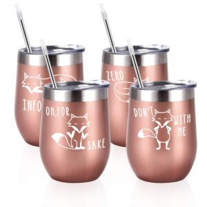 gingprous the fox series wine tumbler set, set of 4, infoxicated, zero fox given, oh for fox sake, don't fox with me wine tumbler for friends mom dad wife husband family grandma, 12 oz, rose gold