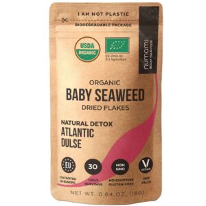 organic atlantic dulse flakes - young baby seaweed grown in north atlantic, vacuum dried premium quality. soft texture & mild taste. add 1 tsp to your dish for daily vitamins/minerals. 30 servings