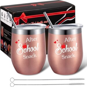 2 pack after school snack funny teacher appreciation gifts - steel wine tumblers with gift box, straw and brushes for teacher, teachers' day birthday - 12 oz teacher thank you gift mug (rose gold)
