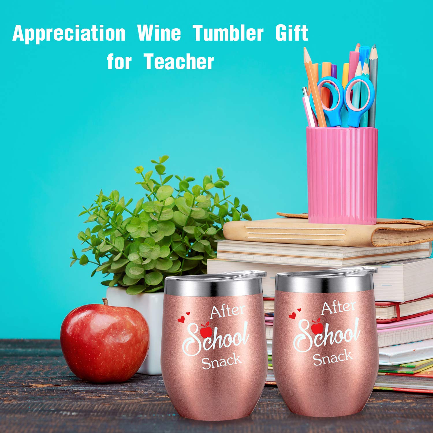 2 Pack After School Snack Funny Teacher Appreciation Gifts - Steel Wine Tumblers with Gift Box, Straw and Brushes for Teacher, Teachers' Day Birthday - 12 oz Teacher Thank You Gift Mug (Rose gold)