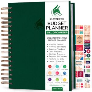 clever fox budget planner & monthly bill organizer with pockets. expense tracker, budgeting journal & financial book. large, 8x9.5" (dark green)