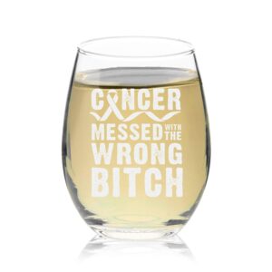 veracco cancer messed with the wrong b stemless wine glass motivational inspirational uplifting gift for cancer survivor (clear)