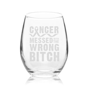 Veracco Cancer Messed With The Wrong B Stemless Wine Glass Motivational Inspirational Uplifting Gift For Cancer Survivor (Clear)