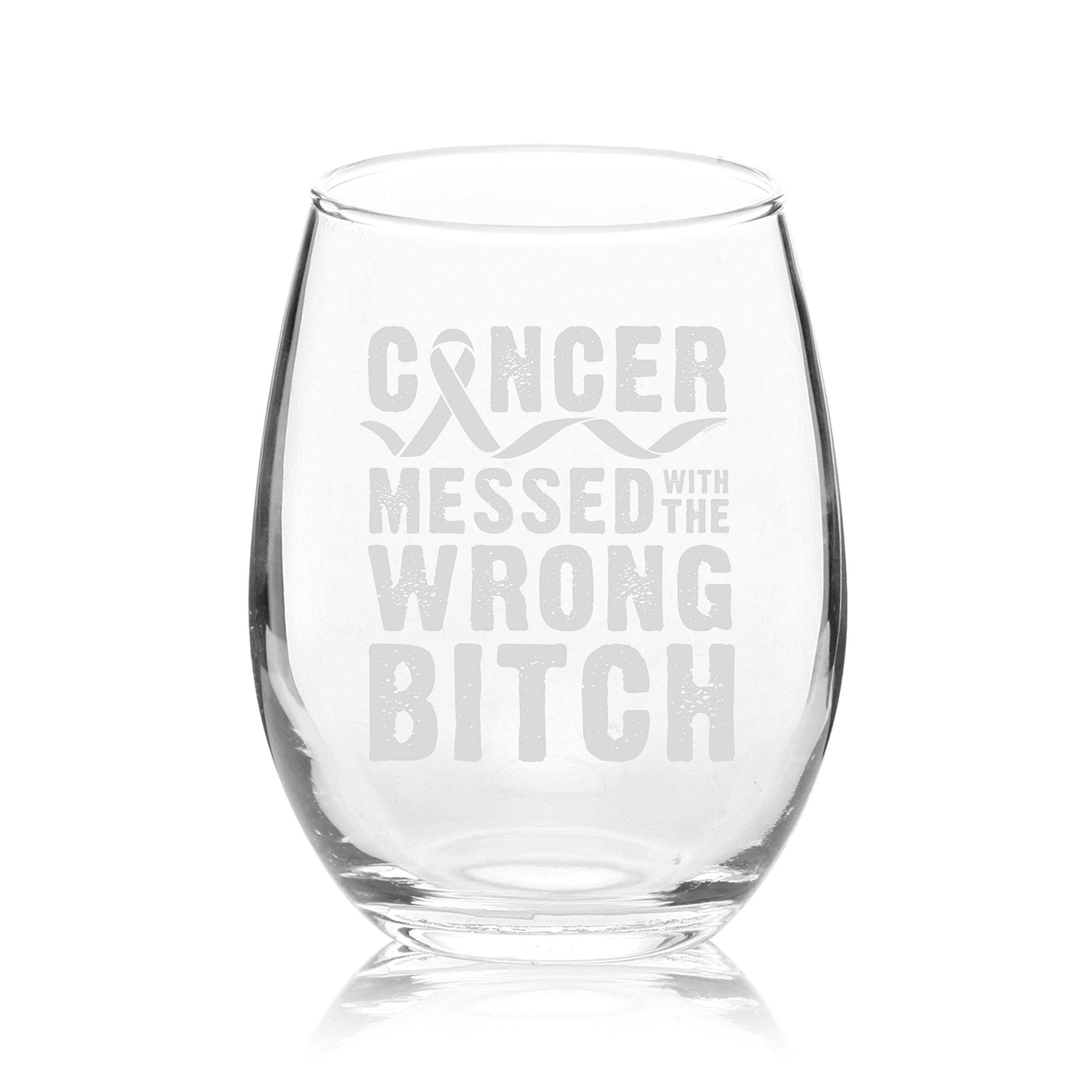 Veracco Cancer Messed With The Wrong B Stemless Wine Glass Motivational Inspirational Uplifting Gift For Cancer Survivor (Clear)