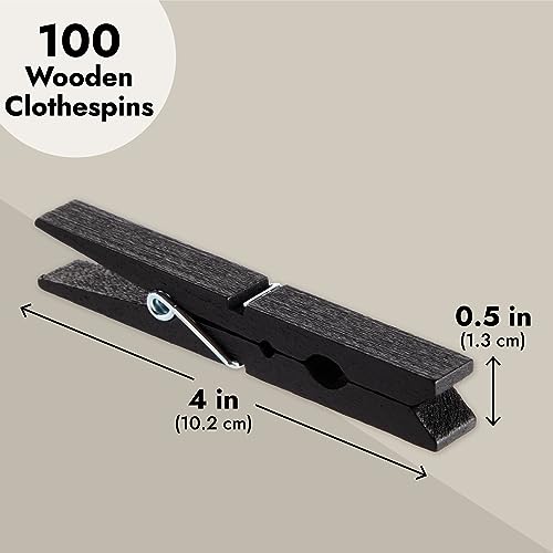 Juvale 100 Pack Wooden Clothespins for Hanging Laundry, Crafts, Photos (Black, 4 in)