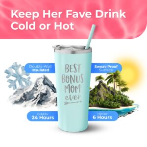 Best Bonus Mom Stainless Steel Coffee Mug with Insulated Travel Tumbler and Straw - Birthday Gift for Bonus Mom, Best Mom Ever, Friend, and Work Mom - Stepmom Travel Coffee Cup, Coffee Tumbler