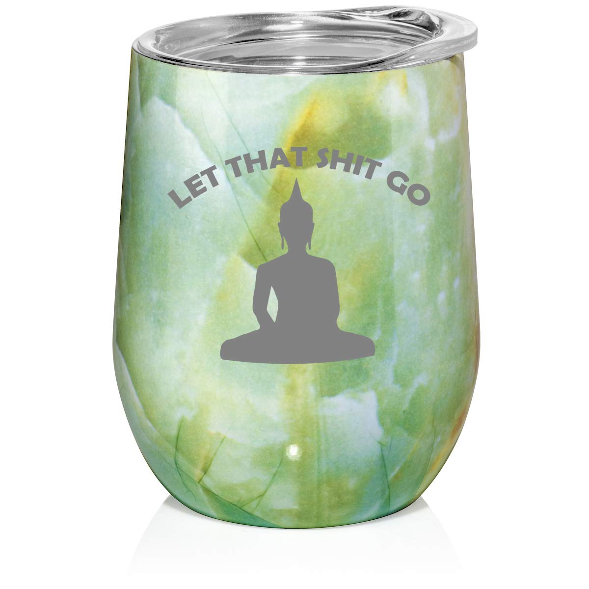 12 oz Double Wall Vacuum Insulated Stainless Steel Marble Stemless Wine Tumbler Glass Coffee Travel Mug With Lid Let That Shit Go Buddha Funny (Turquoise Green Marble)