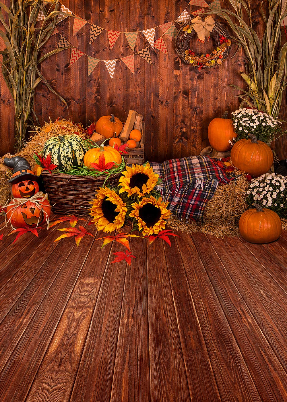 OUYIDA 5X7FT Fall Thanksgiving Wooden Floor Barn Autumn Pumpkins Maple Leaves Sunflower Baby Portrait Party Halloween Decoration Vinyl Photography Backdrop Photo Booth Background Studio Prop TP295