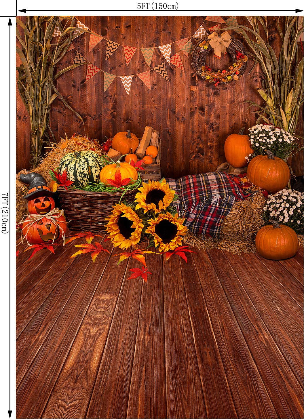 OUYIDA 5X7FT Fall Thanksgiving Wooden Floor Barn Autumn Pumpkins Maple Leaves Sunflower Baby Portrait Party Halloween Decoration Vinyl Photography Backdrop Photo Booth Background Studio Prop TP295