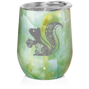 12 oz double wall vacuum insulated stainless steel marble stemless wine tumbler glass coffee travel mug with lid fancy squirrel (turquoise green marble)