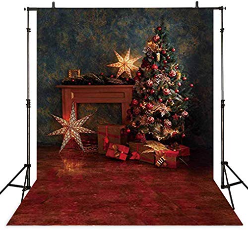 Allenjoy 5x7ft Vinyl Vintage Christmas Tree Backdrop Rustic Wall Sparkle Stars Winter Holiday Xmas Photography Background for Portrait Pictures Family Party Decorations Photo Booth Studio Props