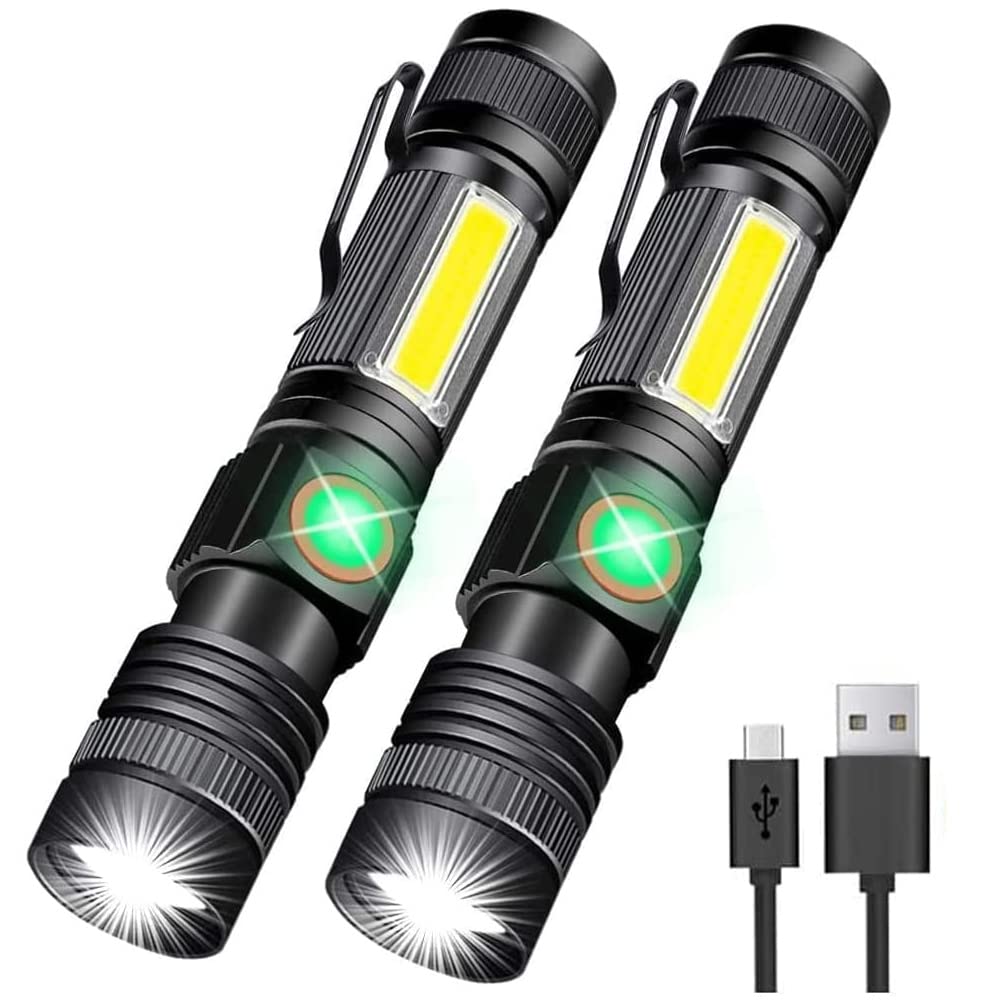 Flashlight USB Rechargeable, Magnetic LED Flashlight, Super Bright Tactical Flashlight with Cob Sidelight, 2000LM, Waterproof, Zoomable Best Small Flashlight for Camping, Emergency Flashlight