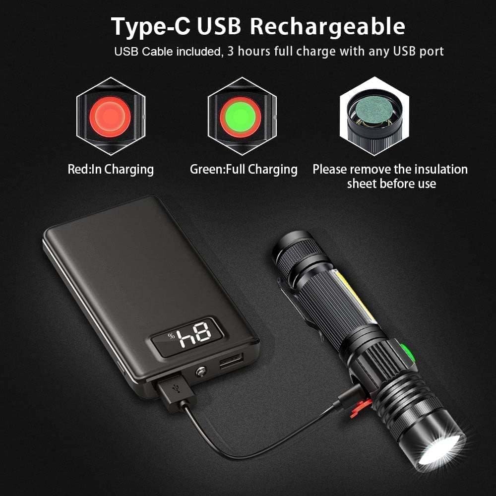 Flashlight USB Rechargeable, Magnetic LED Flashlight, Super Bright Tactical Flashlight with Cob Sidelight, 2000LM, Waterproof, Zoomable Best Small Flashlight for Camping, Emergency Flashlight