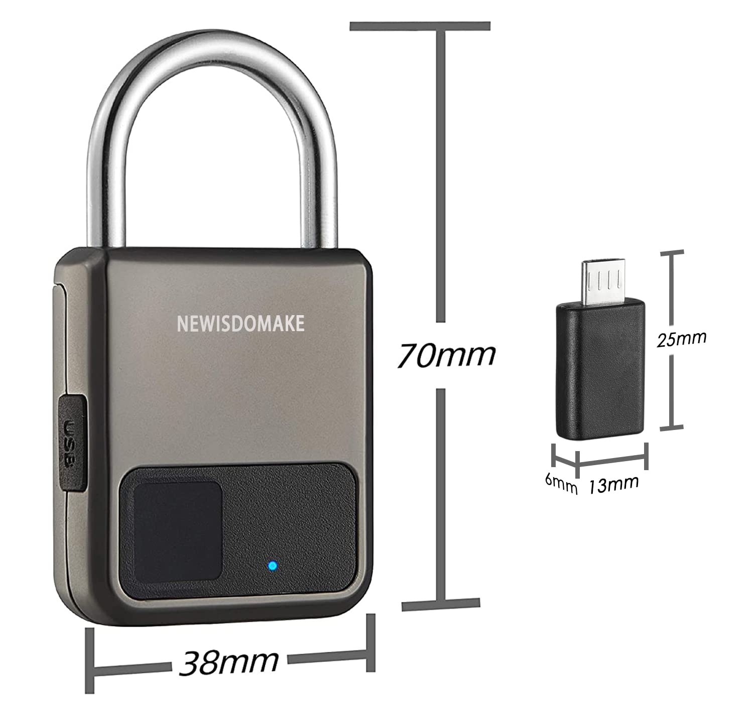 Fingerprint Padlock, Smart Padlock with USB Charging Support, Fingerprint Lock, Biometric Lock Suitable for Luggage, Bookcase, Suitcase, Backpack, Bike, School Locker, Gym Locker Lock(Gray)